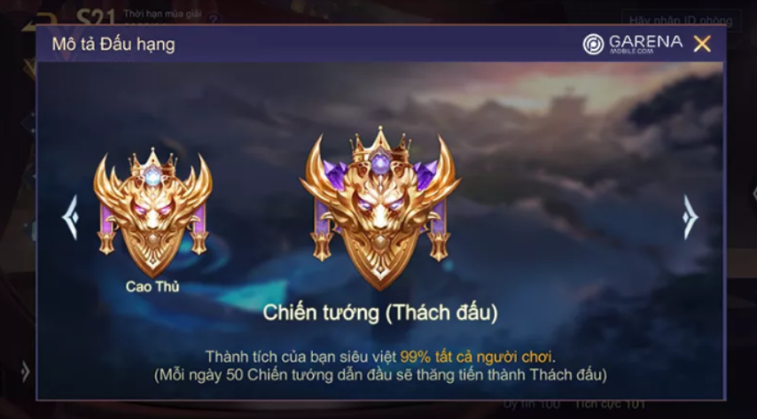 Bậc rank chiến tướng trong game liên quân